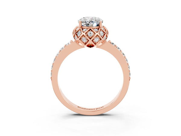 Rose gold Oval Cut Moissanite Scalloped Halo Engagement Ring with Round Shared Prong Band