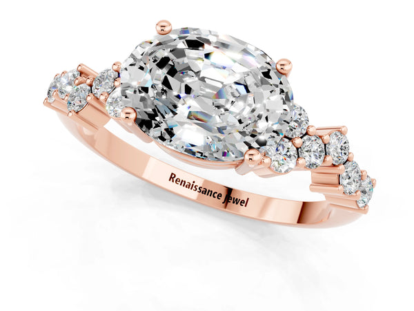 Rose gold Oval Cut Moissanite Scattered Round Accent Ring with Prong Setting