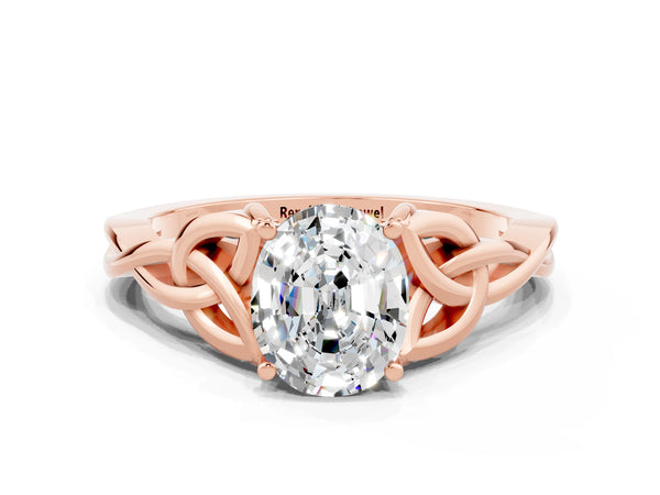 Rose gold Oval Cut Moissanite Solitaire Celtic Knot Ring with Four-Prong Setting