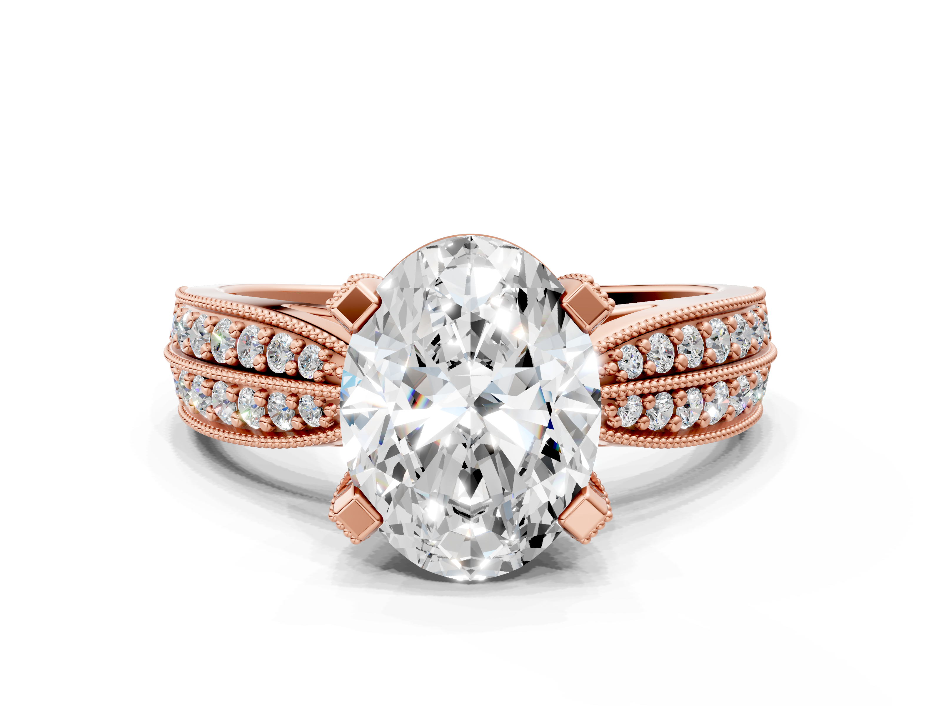 Rose gold Oval Cut Moissanite   Solitaire Diamond Ring with Milgrain Pavé Band and Four-Prong Setting_34