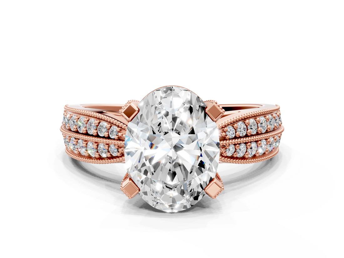 Rose gold Oval Cut Moissanite   Solitaire Diamond Ring with Milgrain Pavé Band and Four-Prong Setting_34