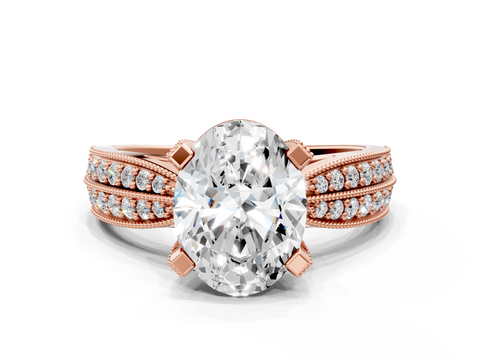 Rose gold Oval Cut Moissanite   Solitaire Diamond Ring with Milgrain Pavé Band and Four-Prong Setting_34