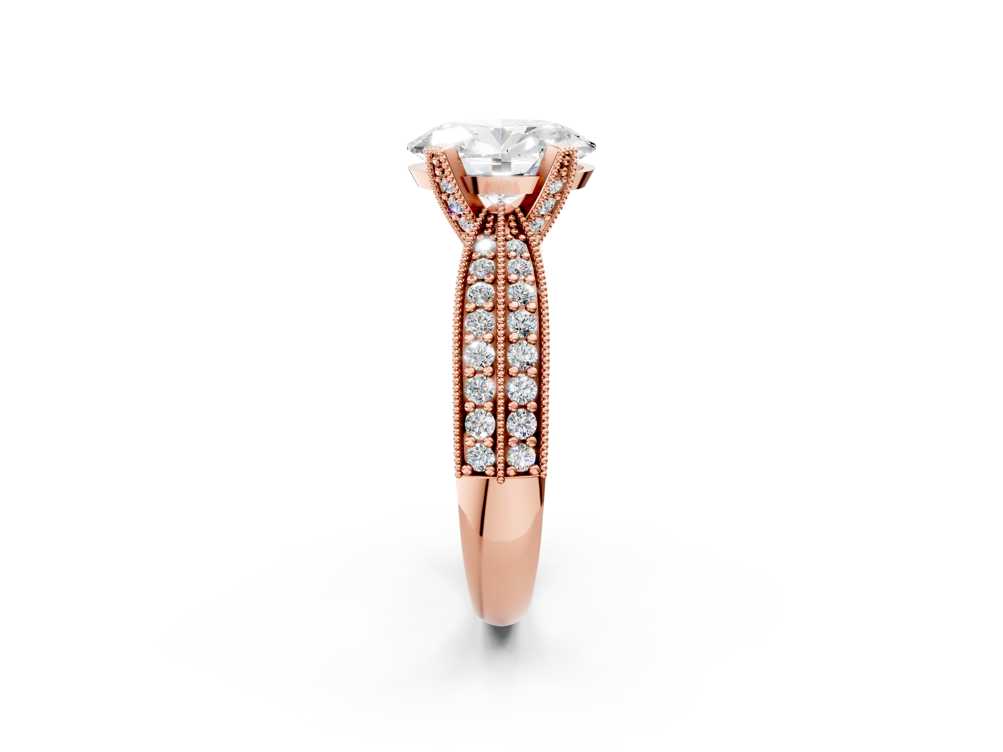Rose gold Oval Cut Moissanite   Solitaire Diamond Ring with Milgrain Pavé Band and Four-Prong Setting_36