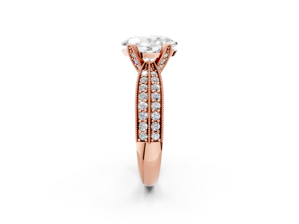 Rose gold Oval Cut Moissanite   Solitaire Diamond Ring with Milgrain Pavé Band and Four-Prong Setting