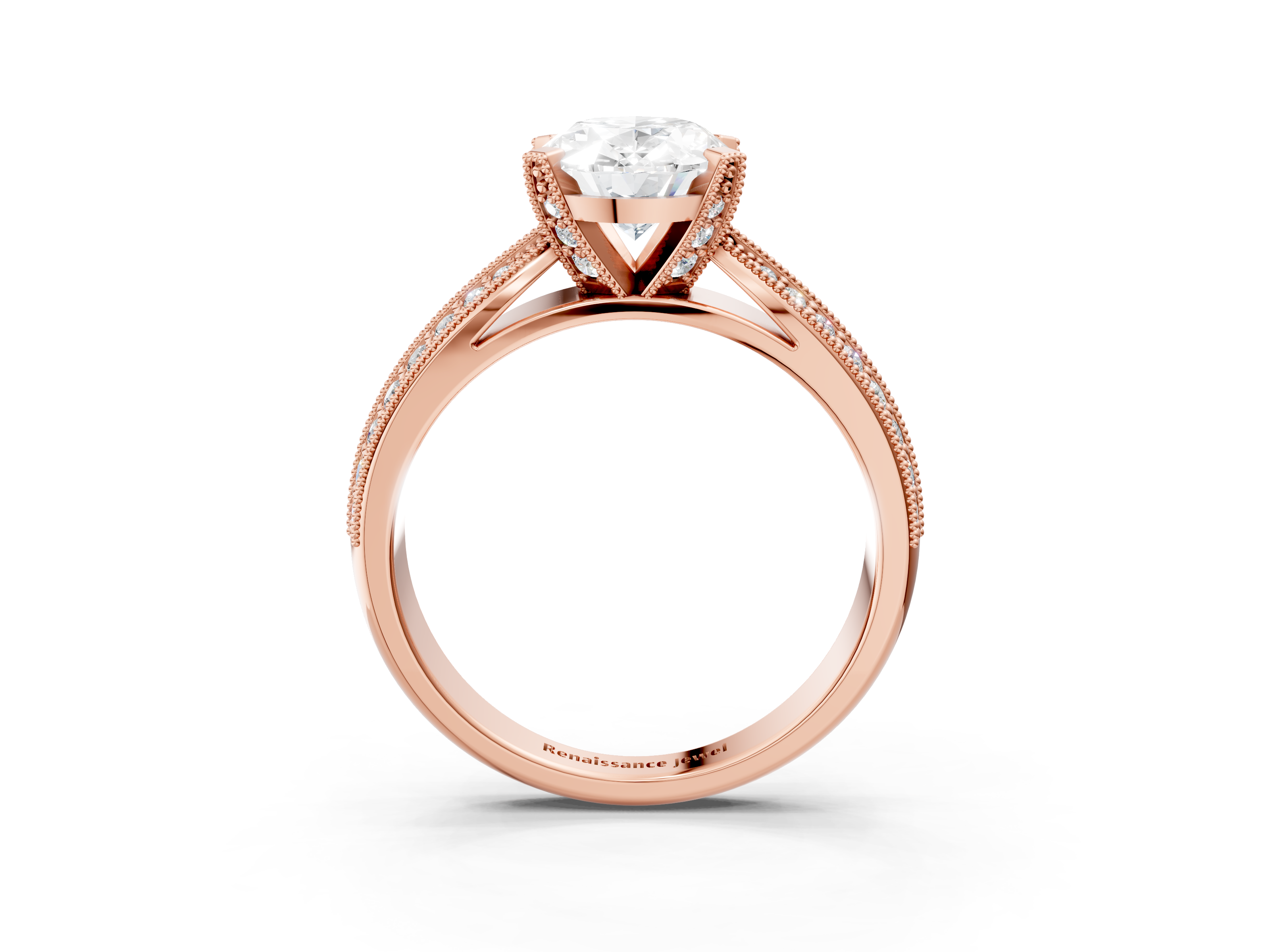 Rose gold Oval Cut Moissanite   Solitaire Diamond Ring with Milgrain Pavé Band and Four-Prong Setting_37