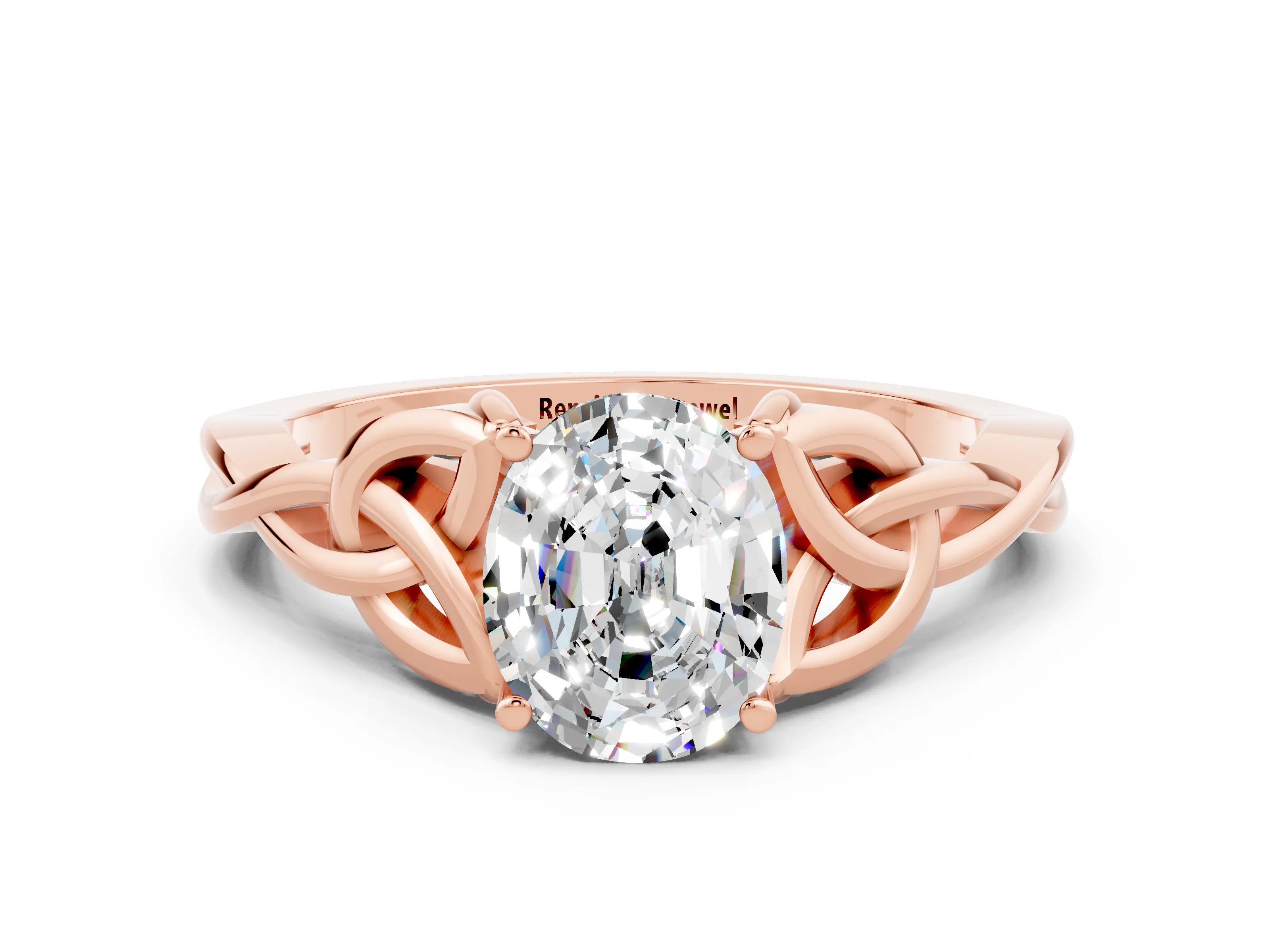Rose gold Oval Cut Moissanite Solitaire Engagement Ring with Celtic Knot Band and Four-Prong Setting
