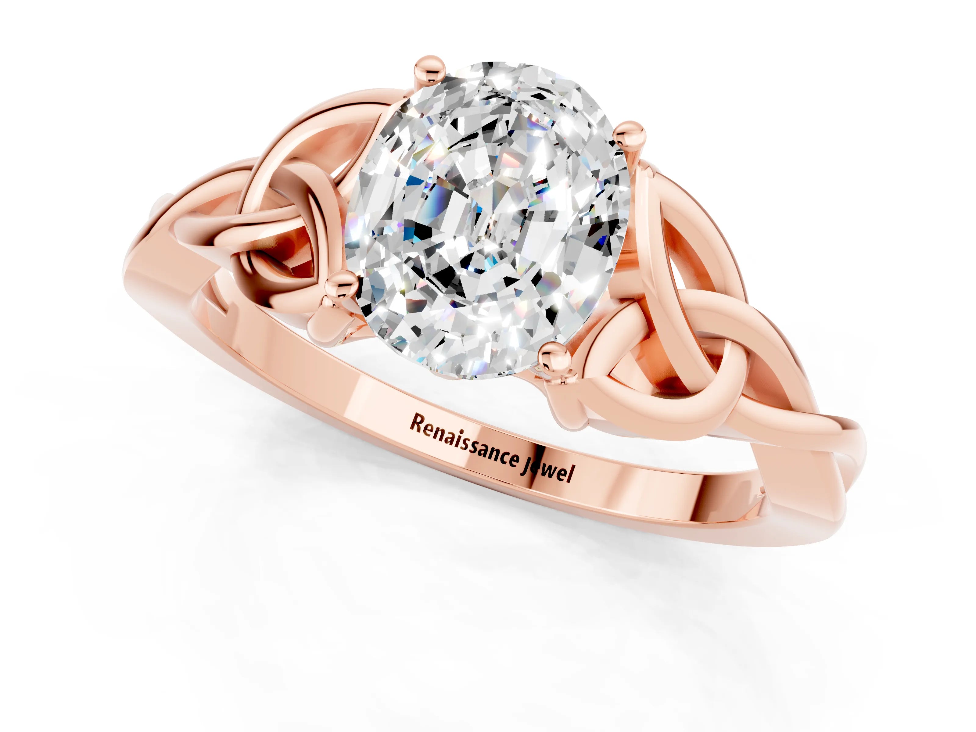 Rose gold Oval Cut Moissanite Solitaire Engagement Ring with Celtic Knot Band and Four-Prong Setting_1