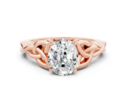 Rose gold Oval Cut Moissanite Solitaire Engagement Ring with Celtic Knot Band and Four-Prong Setting