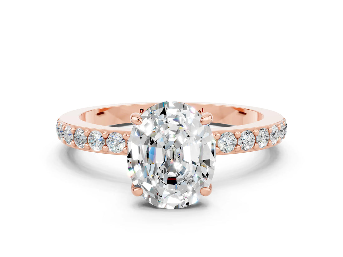 Rose gold Oval Cut Moissanite Solitaire Engagement Ring with Pavé Band and Four-Prong Setting