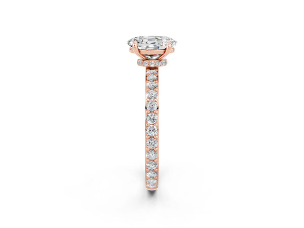 Rose gold Oval Cut Moissanite Solitaire Engagement Ring with Pavé Band and Four-Prong Setting