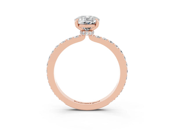 Rose gold Oval Cut Moissanite Solitaire Engagement Ring with Pavé Band and Four-Prong Setting