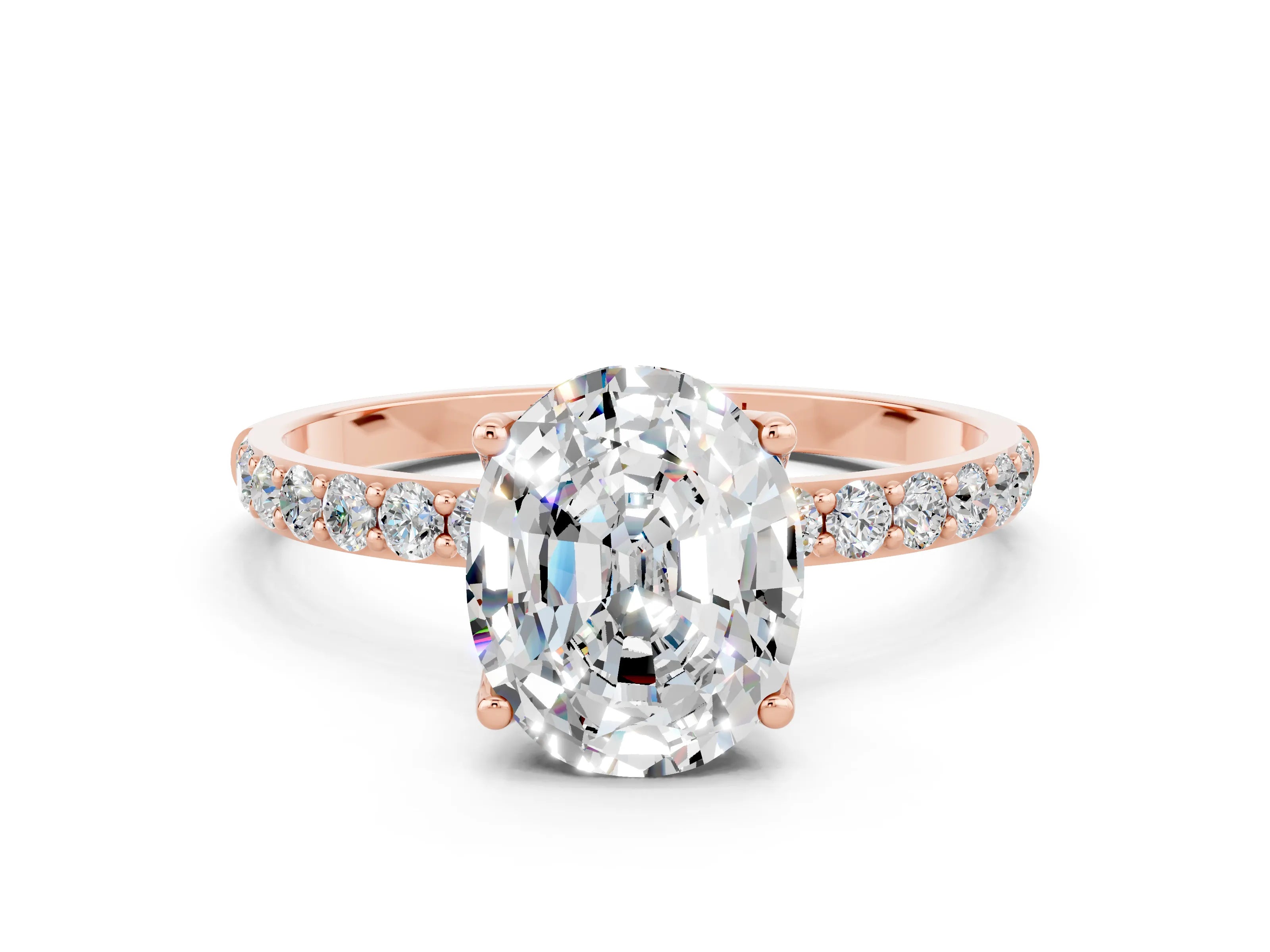Rose gold Oval Cut Moissanite Solitaire Engagement Ring with Pavé Band and Prong Setting