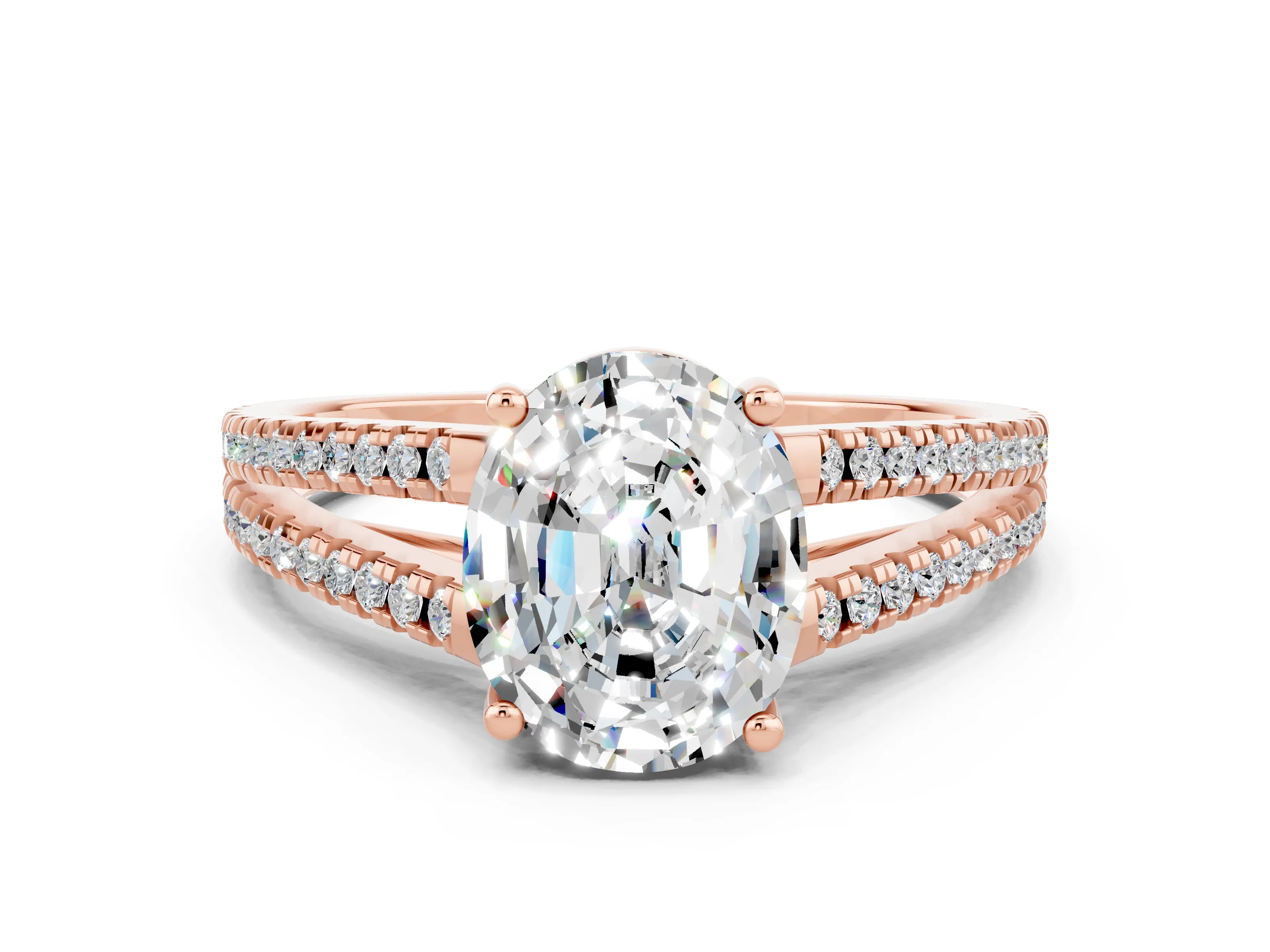 Rose gold Oval Cut Moissanite Solitaire Engagement Ring with Split Shank Pavé Band
