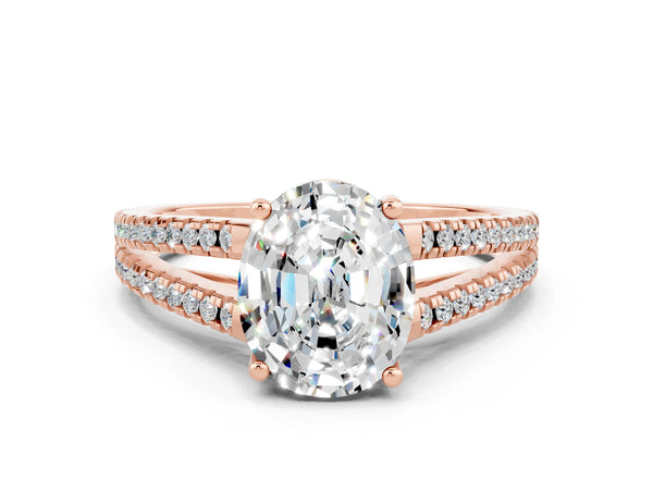 Rose gold Oval Cut Moissanite Solitaire Engagement Ring with Split Shank Pavé Band