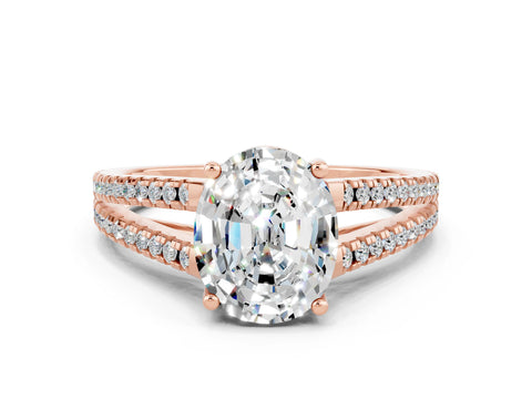 Rose gold Oval Cut Moissanite Solitaire Engagement Ring with Split Shank Pavé Band