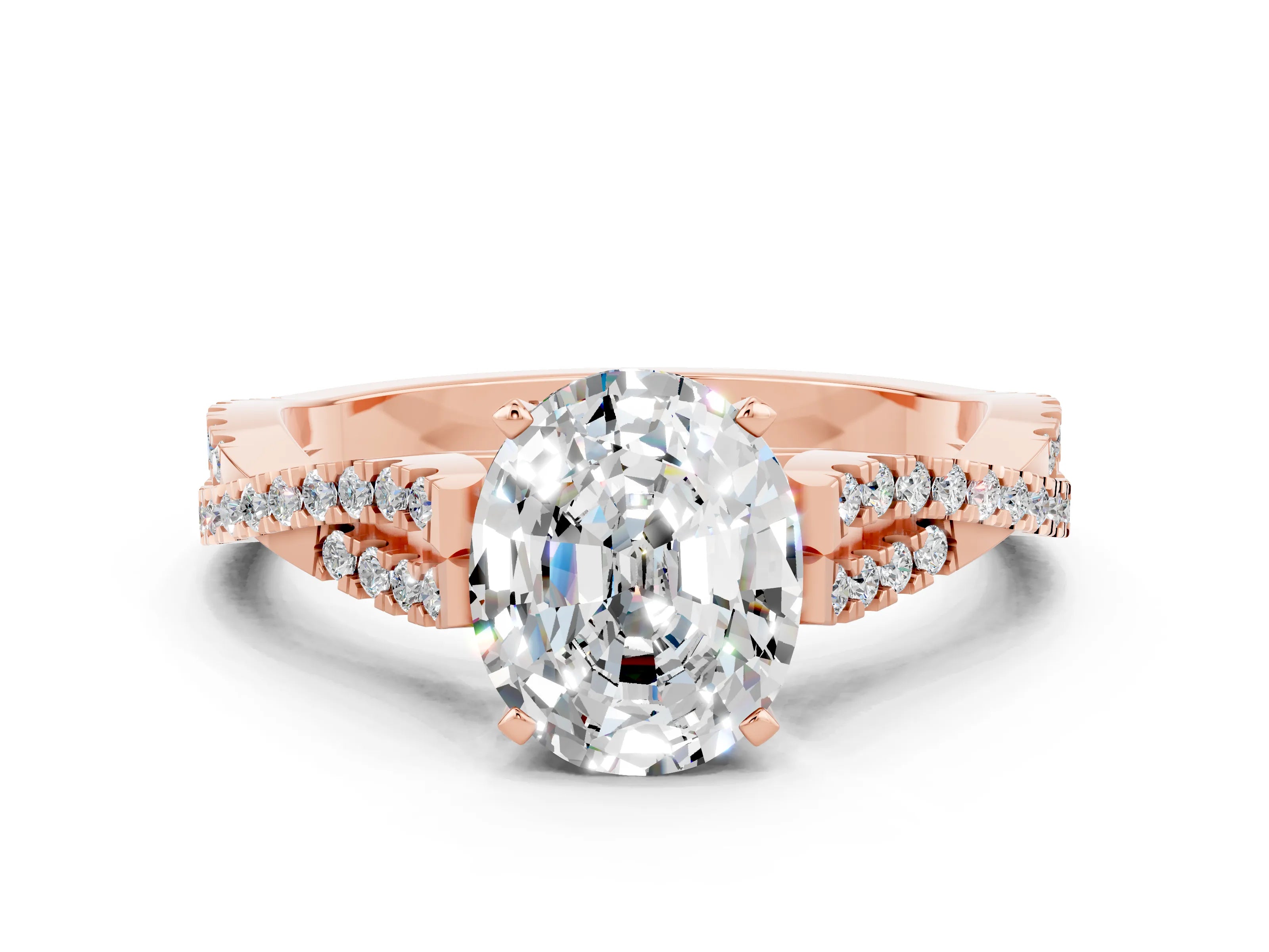 Rose gold Oval Cut Moissanite Solitaire Engagement Ring with Twisted Pavé Band and Four-Prong Setting