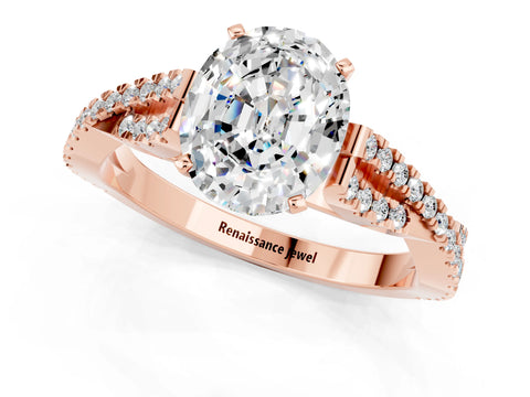 Rose gold Oval Cut Moissanite Solitaire Engagement Ring with Twisted Pavé Band and Four-Prong Setting_1
