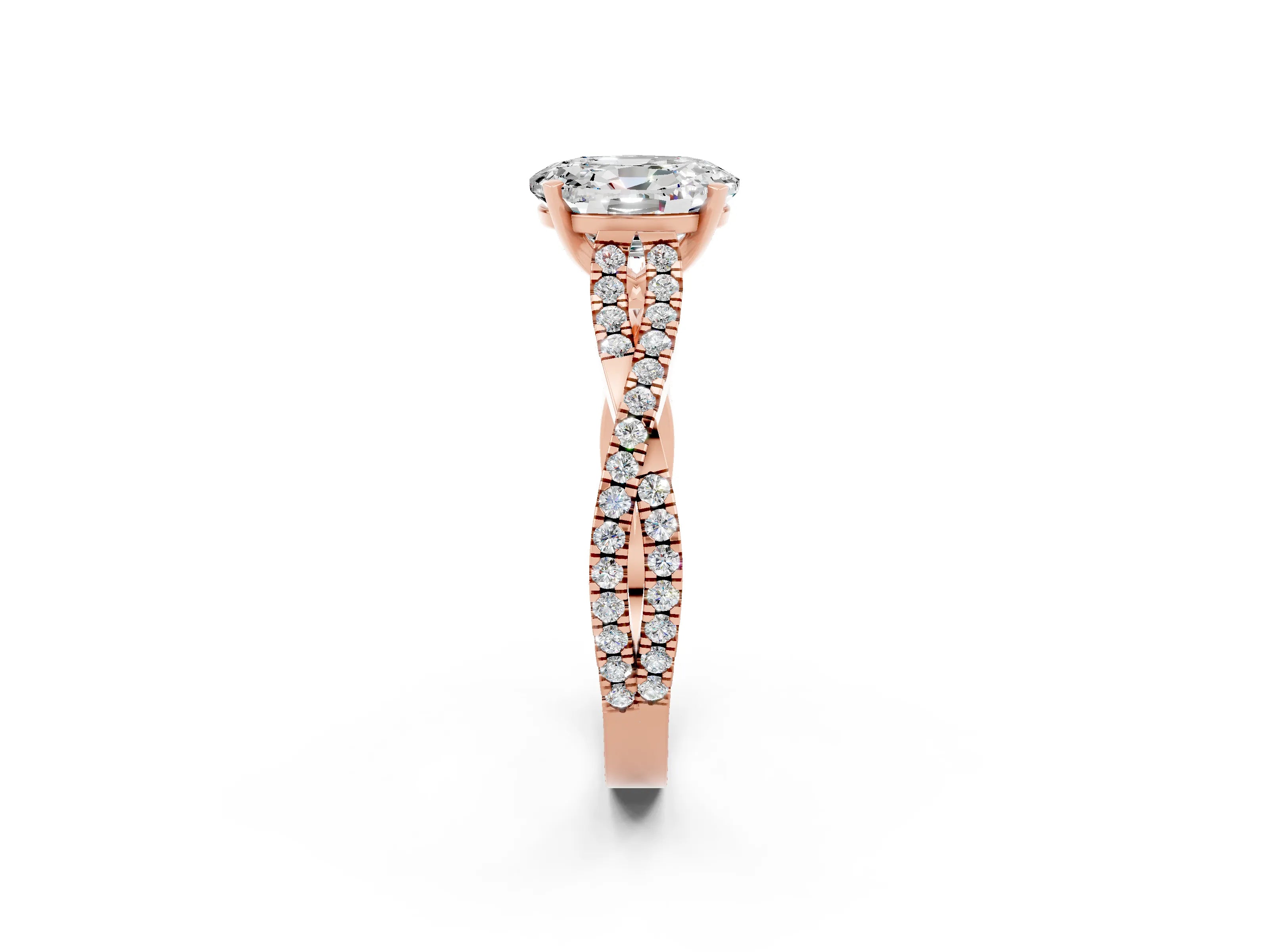 Rose gold Oval Cut Moissanite Solitaire Engagement Ring with Twisted Pavé Band and Four-Prong Setting_2
