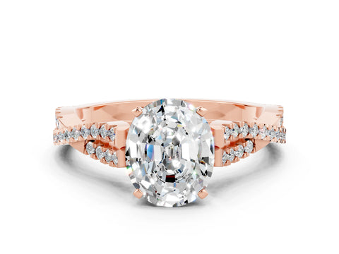 Rose gold Oval Cut Moissanite Solitaire Engagement Ring with Twisted Pavé Band and Four-Prong Setting