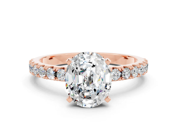 Rose gold Oval Cut Moissanite Solitaire Pavé Band with Four-Prong Setting