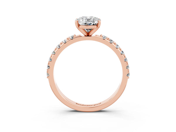 Rose gold Oval Cut Moissanite Solitaire Pavé Band with Four-Prong Setting