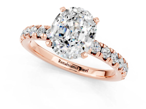 Rose gold Oval Cut Moissanite Solitaire Pavé Engagement Ring with Round Band and Prong Setting