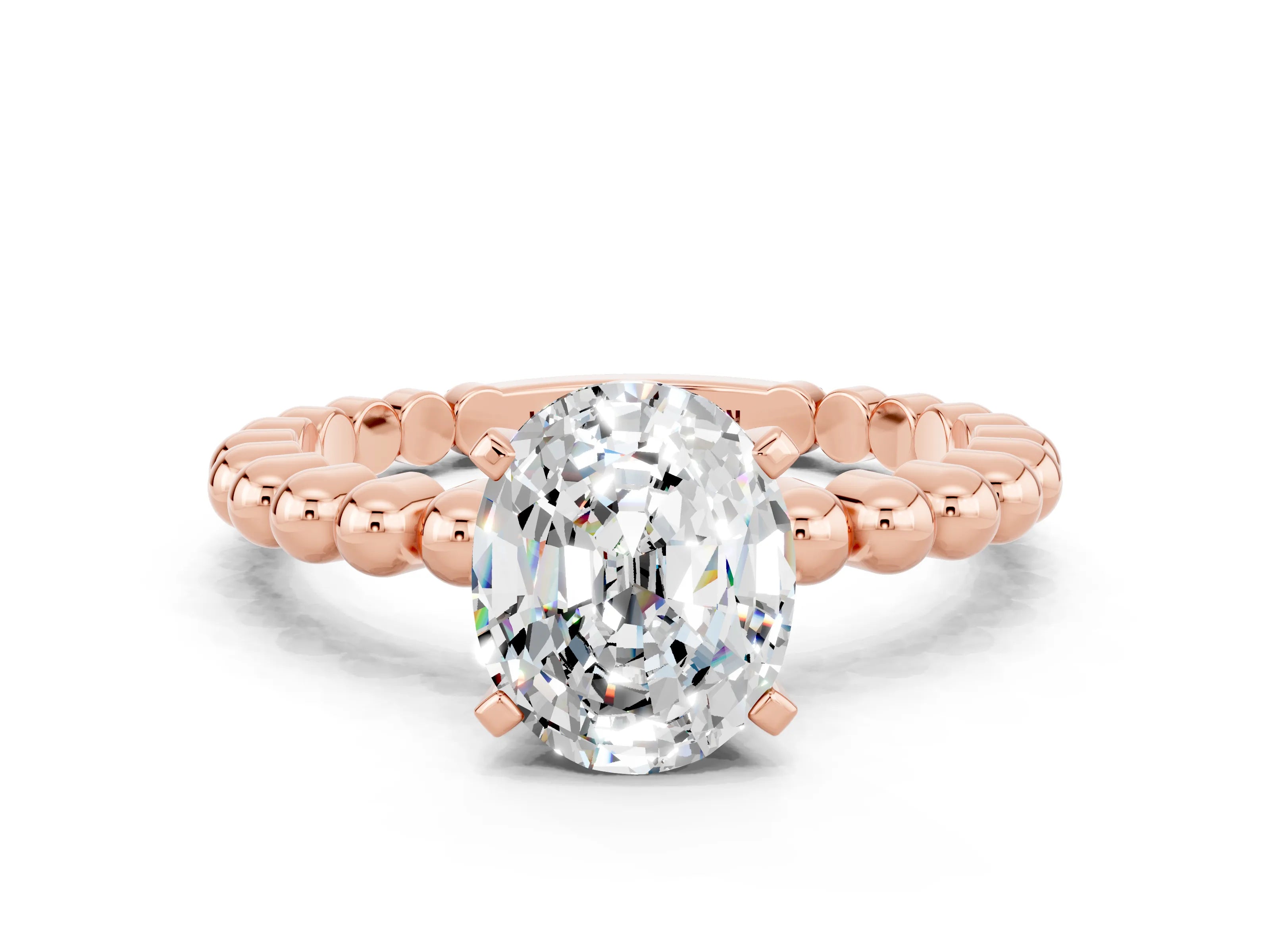 Rose gold Oval Cut Moissanite Solitaire Ring with Beaded Band and Prong Setting