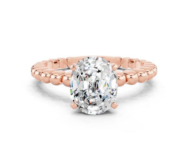 Rose gold Oval Cut Moissanite Solitaire Ring with Beaded Band and Prong Setting