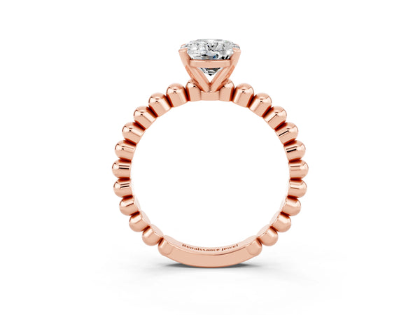 Rose gold Oval Cut Moissanite Solitaire Ring with Beaded Band and Prong Setting