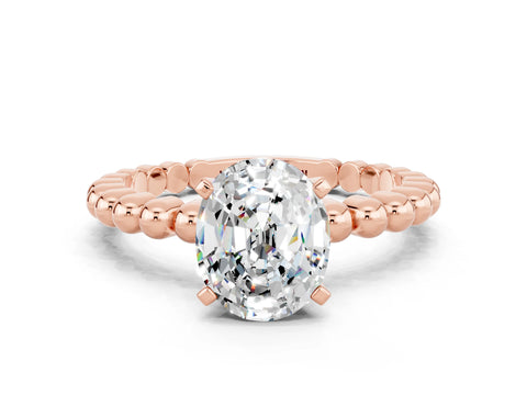 Rose gold Oval Cut Moissanite Solitaire Ring with Beaded Band and Prong Setting