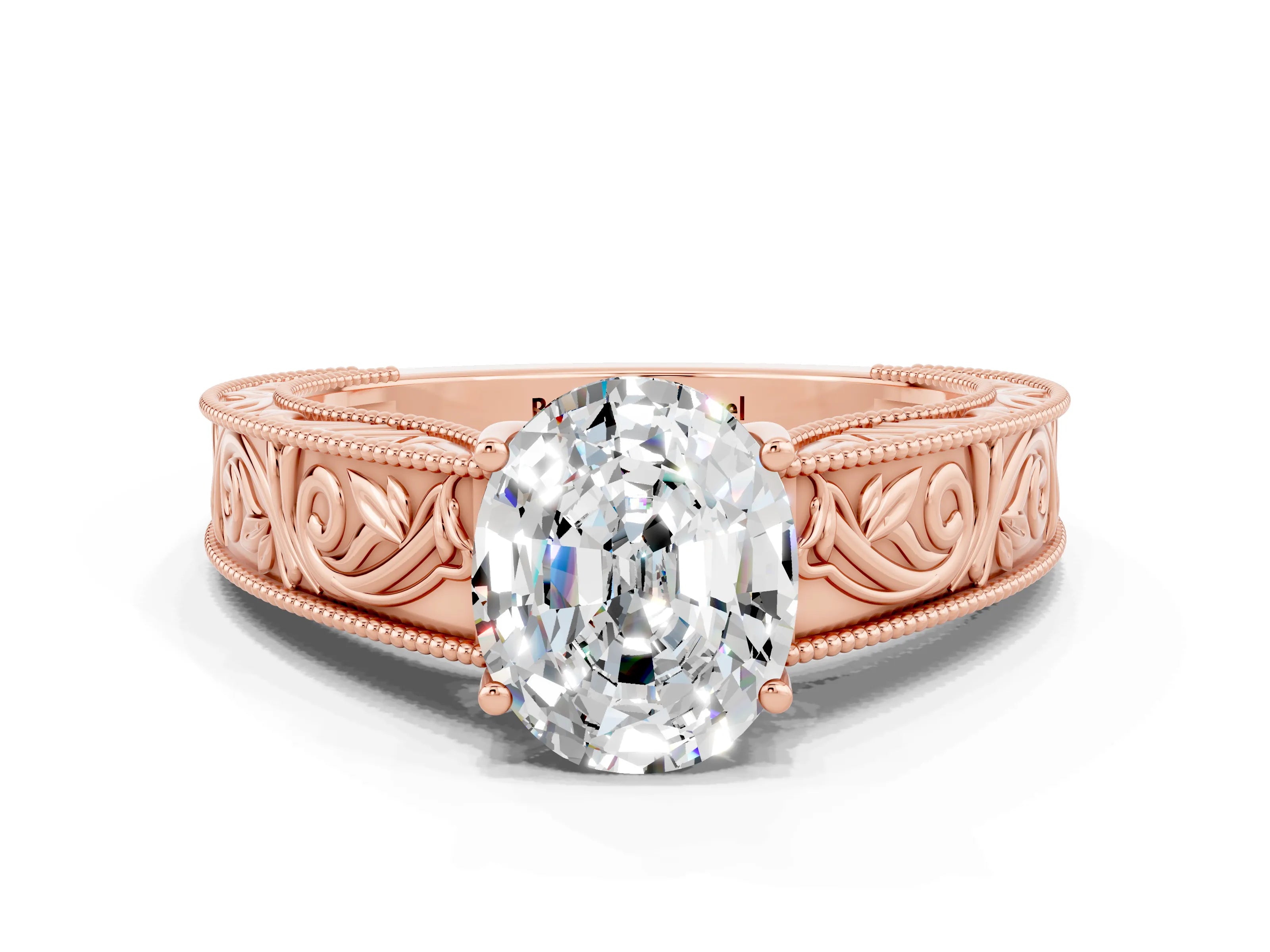 Rose gold Oval Cut Moissanite Solitaire Ring with Engraved Band and Four-Prong Setting