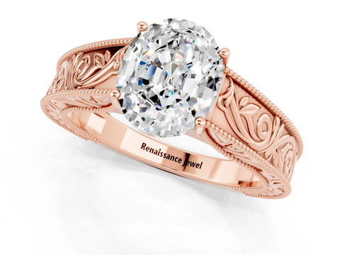Rose gold Oval Cut Moissanite Solitaire Ring with Engraved Band and Four-Prong Setting_1