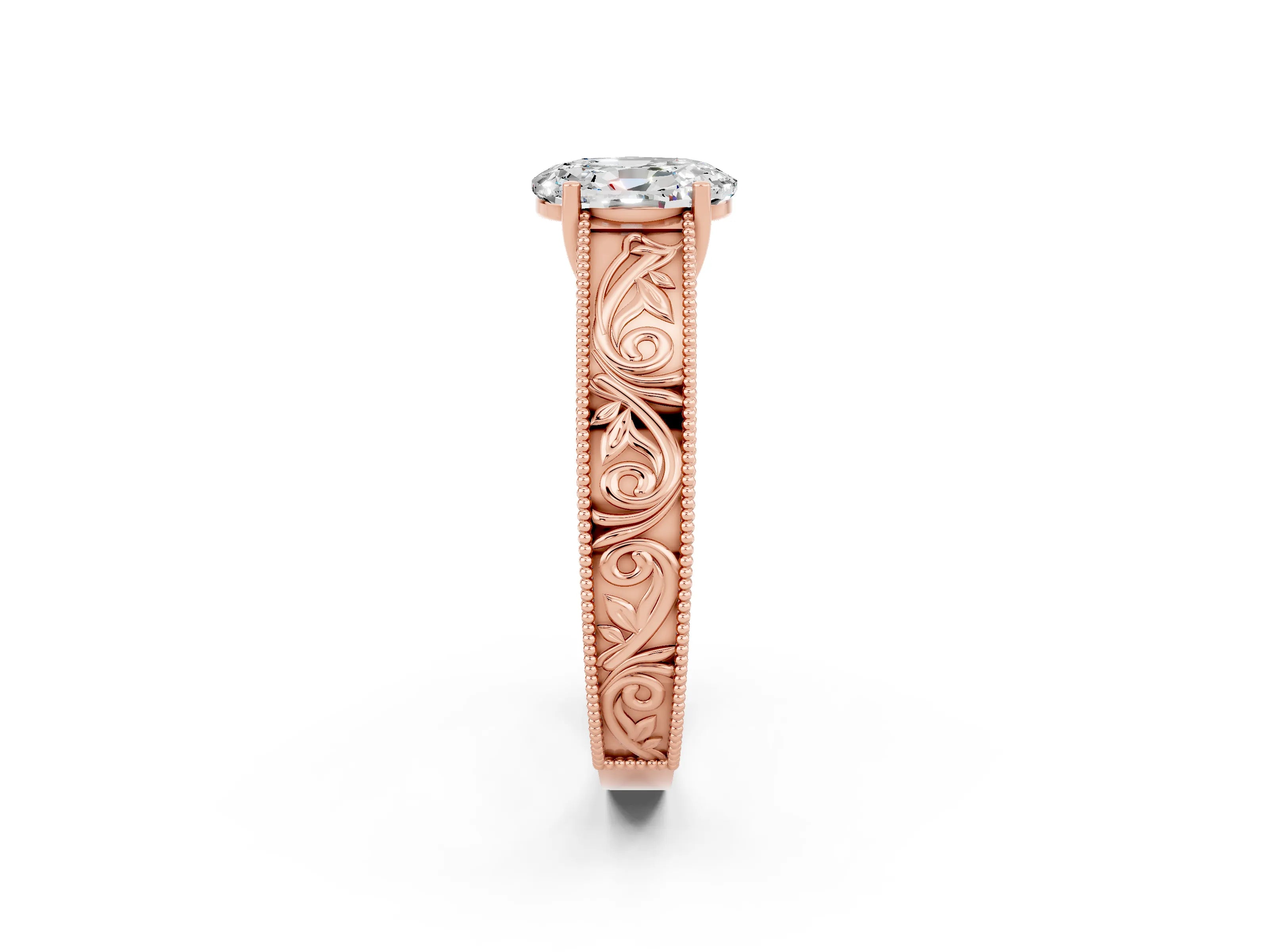 Rose gold Oval Cut Moissanite Solitaire Ring with Engraved Band and Four-Prong Setting_2