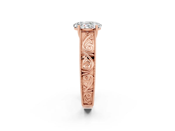 Rose gold Oval Cut Moissanite Solitaire Ring with Engraved Band and Four-Prong Setting