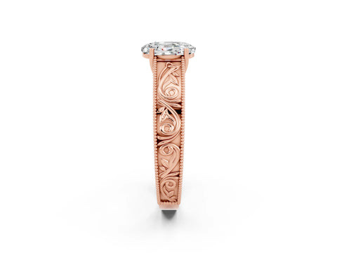 Rose gold Oval Cut Moissanite Solitaire Ring with Engraved Band and Four-Prong Setting_2