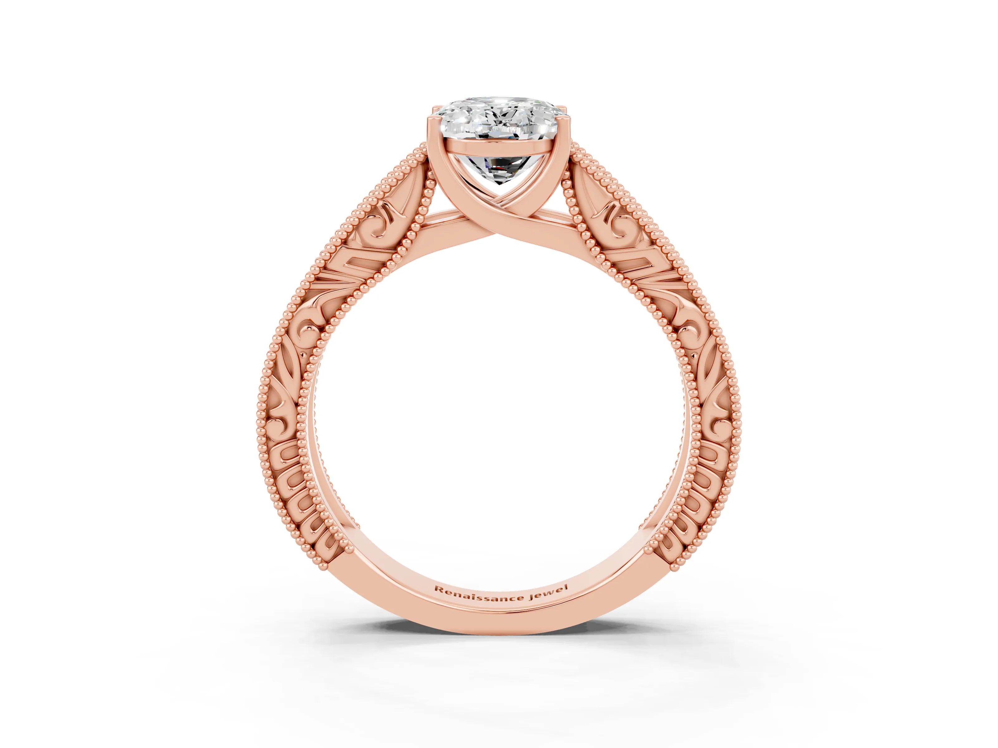 Rose gold Oval Cut Moissanite Solitaire Ring with Engraved Band and Four-Prong Setting_3