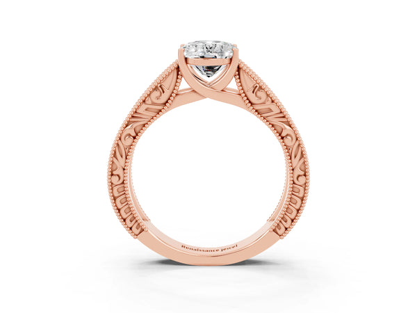 Rose gold Oval Cut Moissanite Solitaire Ring with Engraved Band and Four-Prong Setting