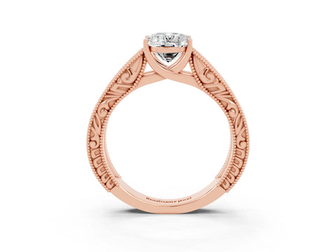 Rose gold Oval Cut Moissanite Solitaire Ring with Engraved Band and Four-Prong Setting_3