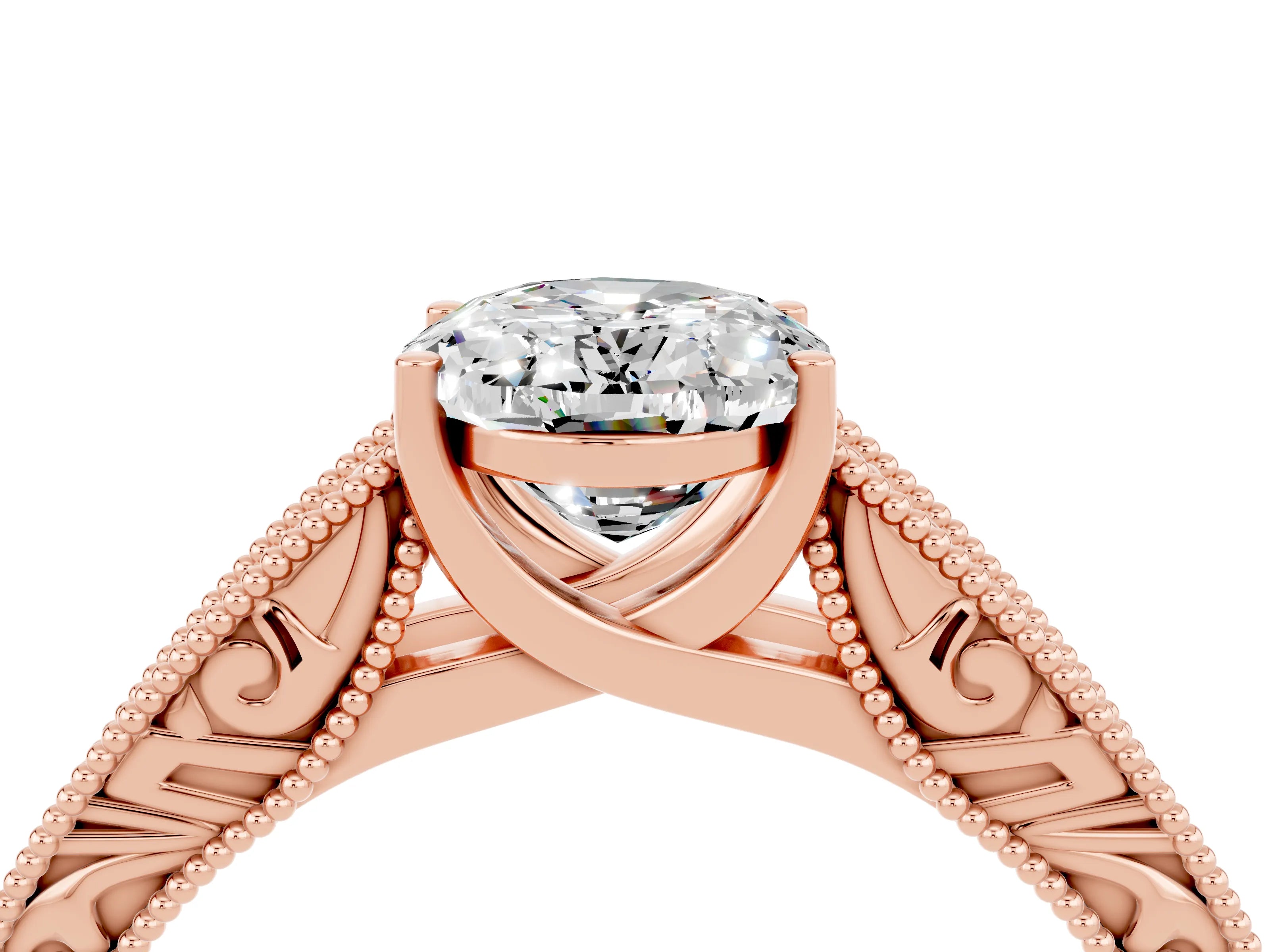 Rose gold Oval Cut Moissanite Solitaire Ring with Engraved Band and Four-Prong Setting_4