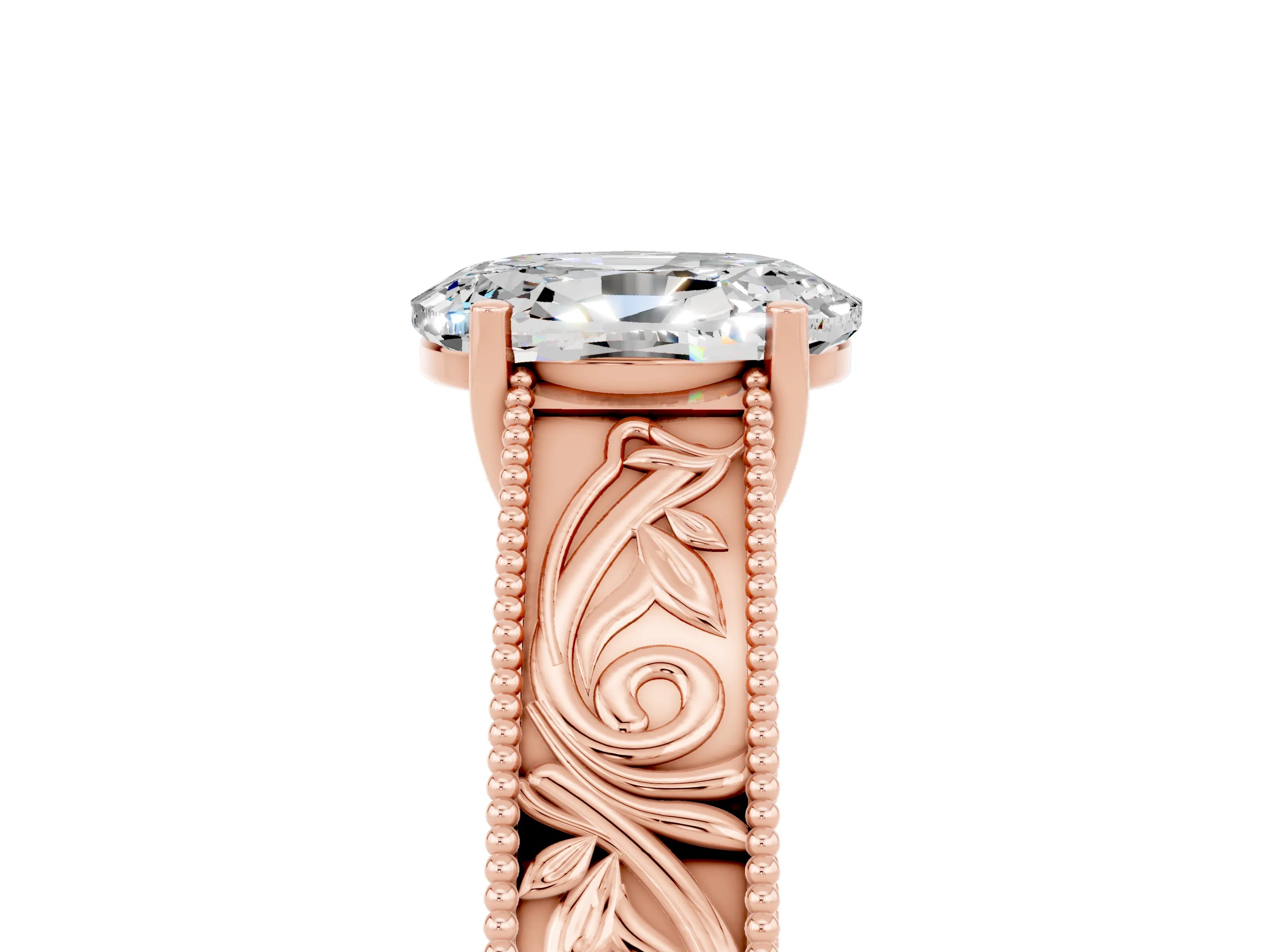 Rose gold Oval Cut Moissanite Solitaire Ring with Engraved Band and Four-Prong Setting_5