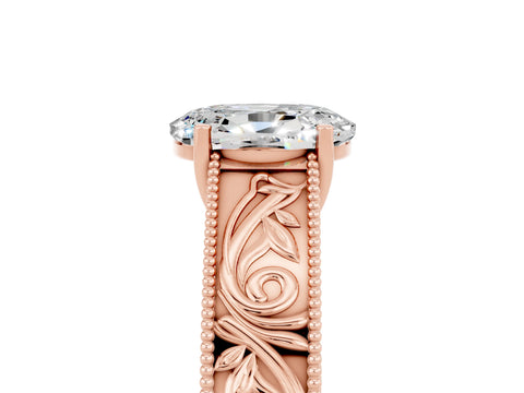 Rose gold Oval Cut Moissanite Solitaire Ring with Engraved Band and Four-Prong Setting_5
