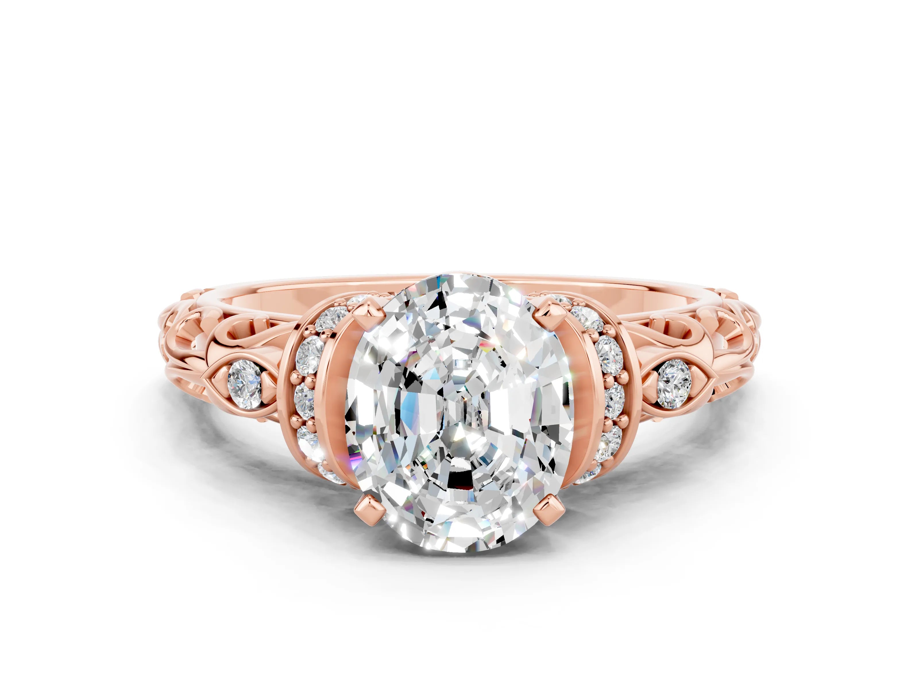 Rose gold Oval Cut Moissanite Solitaire Ring with Filigree Band and Four-Prong Setting_24