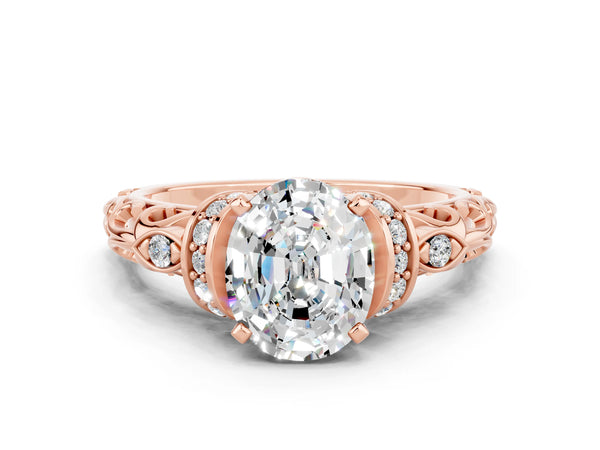 Rose gold Oval Cut Moissanite Solitaire Ring with Filigree Band and Four-Prong Setting