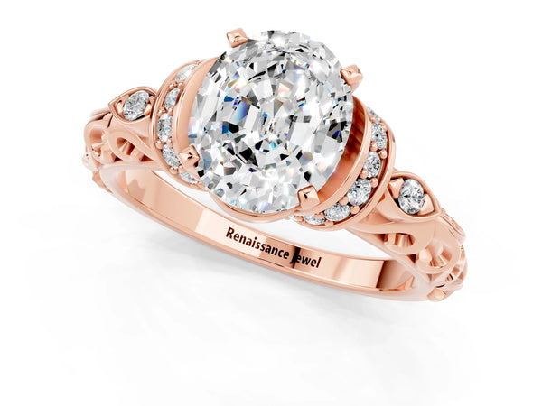 Rose gold Oval Cut Moissanite Solitaire Ring with Filigree Band and Four-Prong Setting