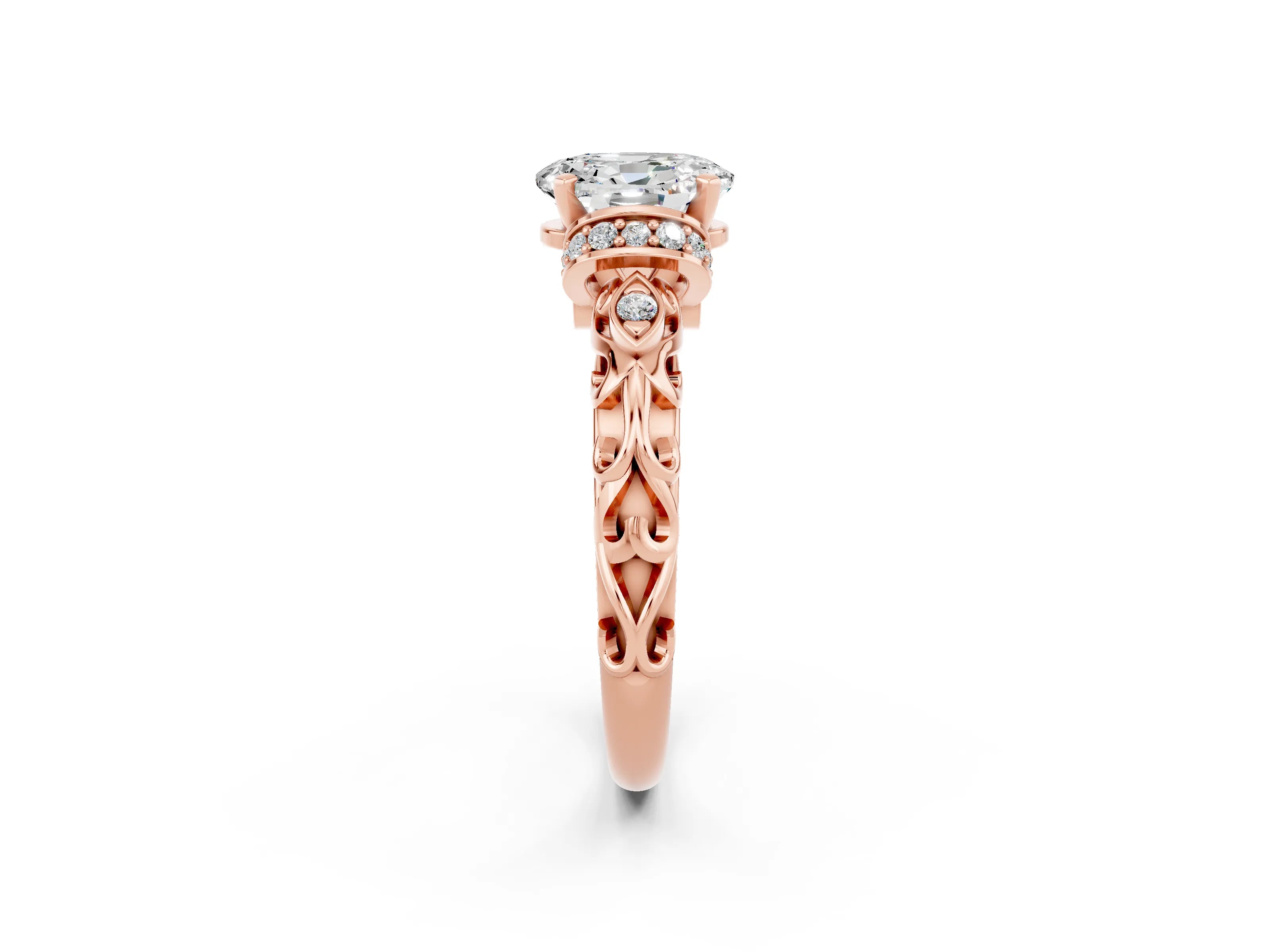 Rose gold Oval Cut Moissanite Solitaire Ring with Filigree Band and Four-Prong Setting_26