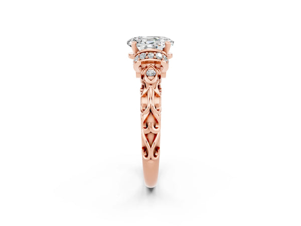 Rose gold Oval Cut Moissanite Solitaire Ring with Filigree Band and Four-Prong Setting