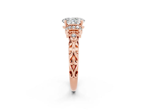 Rose gold Oval Cut Moissanite Solitaire Ring with Filigree Band and Four-Prong Setting_26