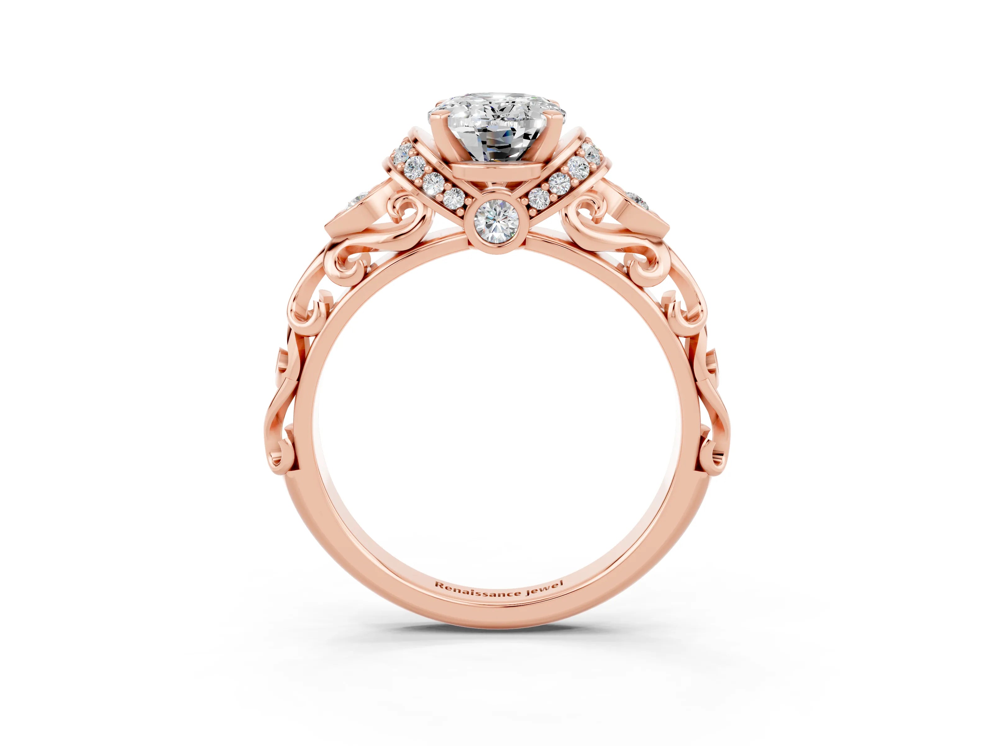 Rose gold Oval Cut Moissanite Solitaire Ring with Filigree Band and Four-Prong Setting_27