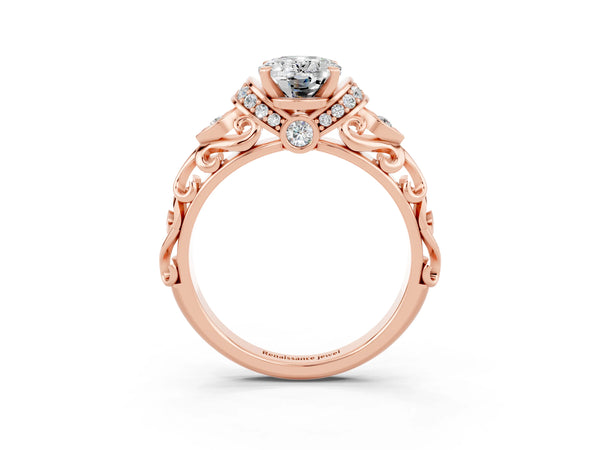 Rose gold Oval Cut Moissanite Solitaire Ring with Filigree Band and Four-Prong Setting