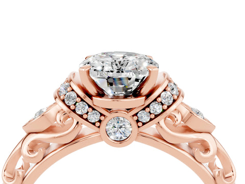 Rose gold Oval Cut Moissanite Solitaire Ring with Filigree Band and Four-Prong Setting_28